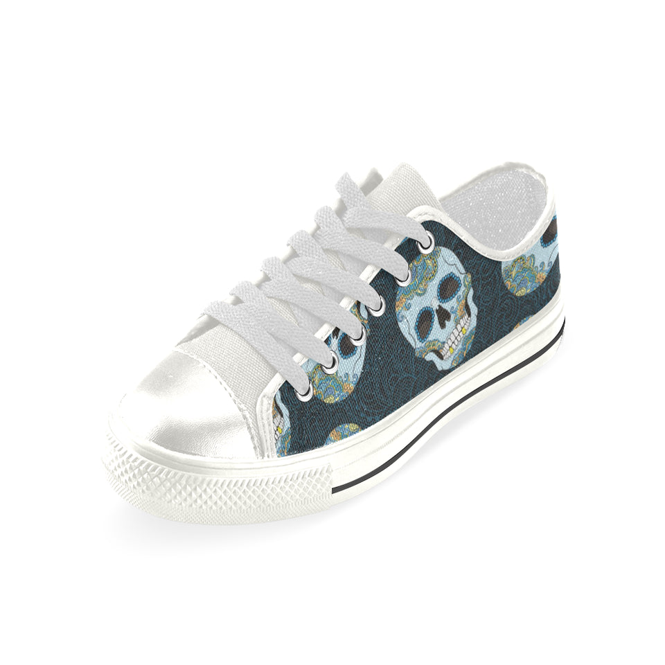 Suger Skull Pattern Women's Low Top Canvas Shoes White