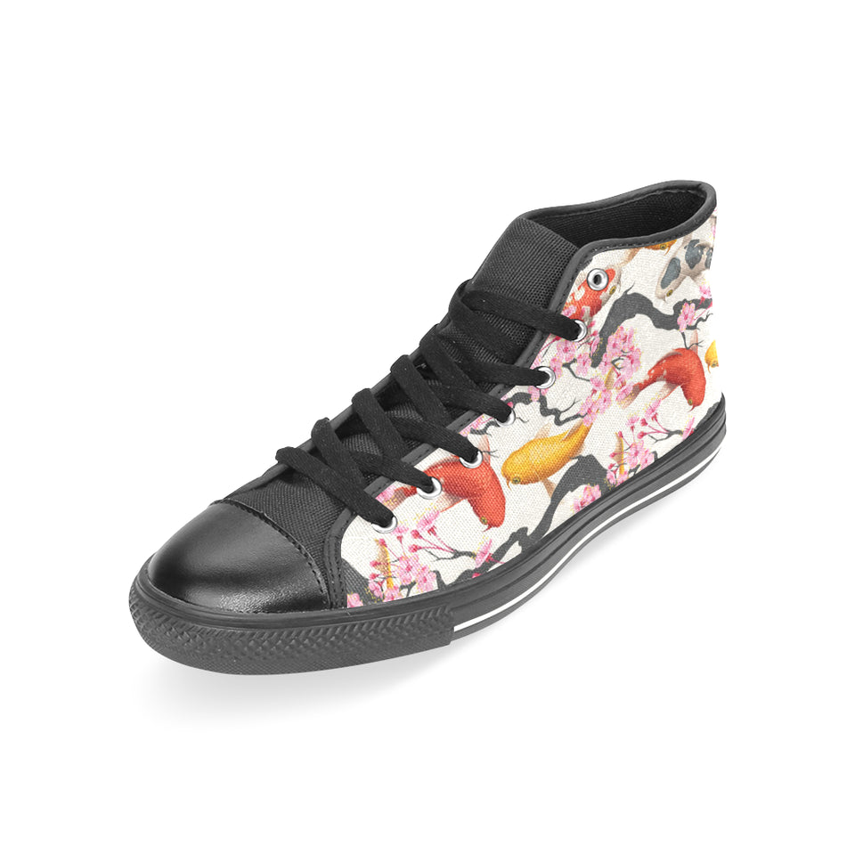 Colorful Koi Fish Carp Fish and Sakura Pattern Women's High Top Canvas Shoes Black