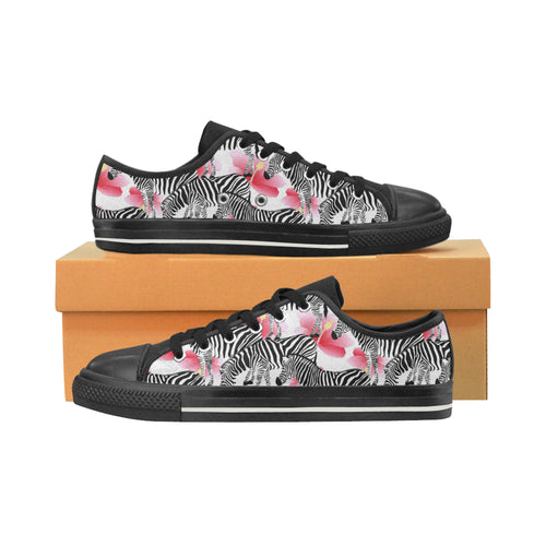 Zebra Red Hibiscus Pattern Men's Low Top Canvas Shoes Black