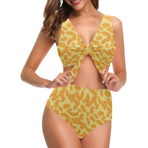 Potato Chips Pattern Print Design 04 Chest Bowknot High Waisted Bikini Swimsuit