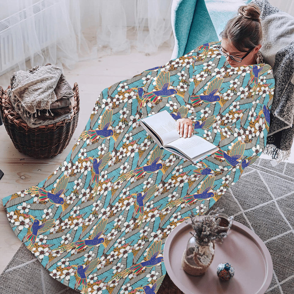 Hummingbird Pattern Print Design 02 Blanket Robe with Sleeves