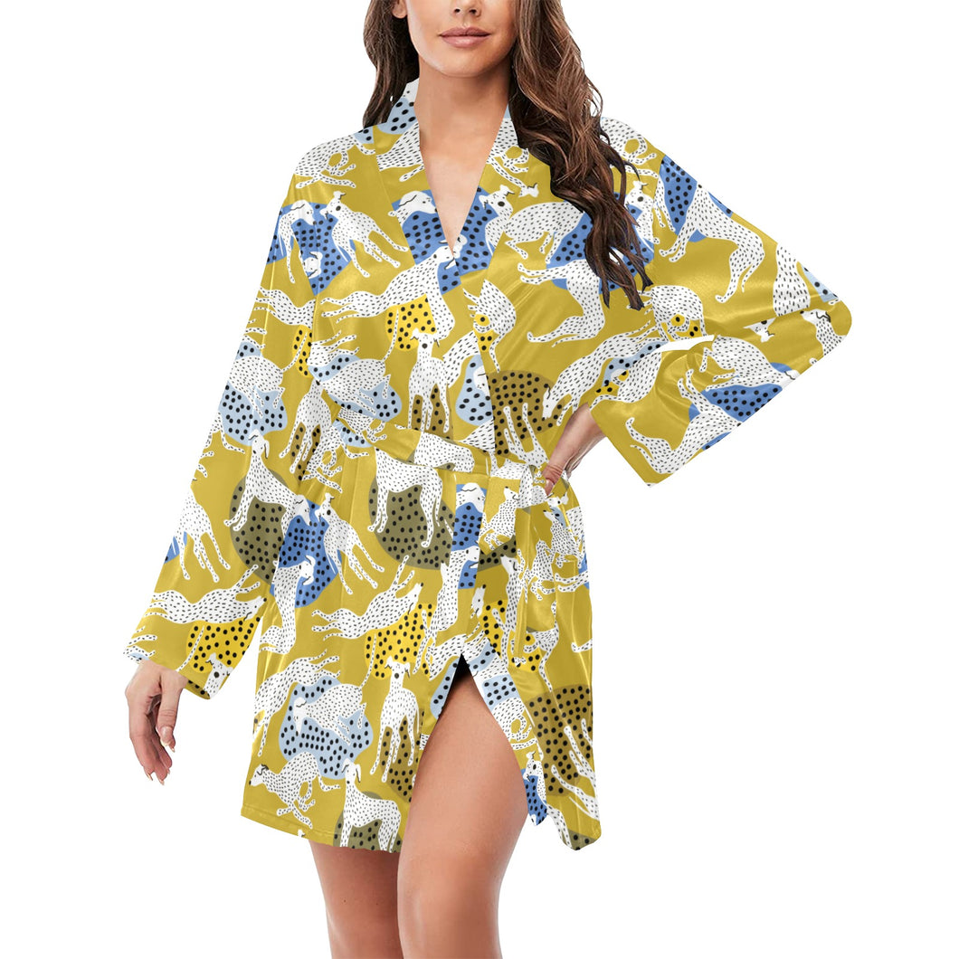 Greyhound Pattern Print Design 02 Women's Long Sleeve Belted Night Robe