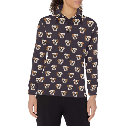 English Bulldog Pattern Print Design 03 Women's Long Sleeve Polo Shirt