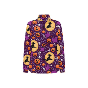 Halloween Pumpkin Witch Pattern Women's Long Sleeve Polo Shirt