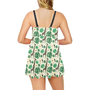 Giraffe Pattern Print Design 02 Chest Sexy Pleated Two Piece Swim Dress