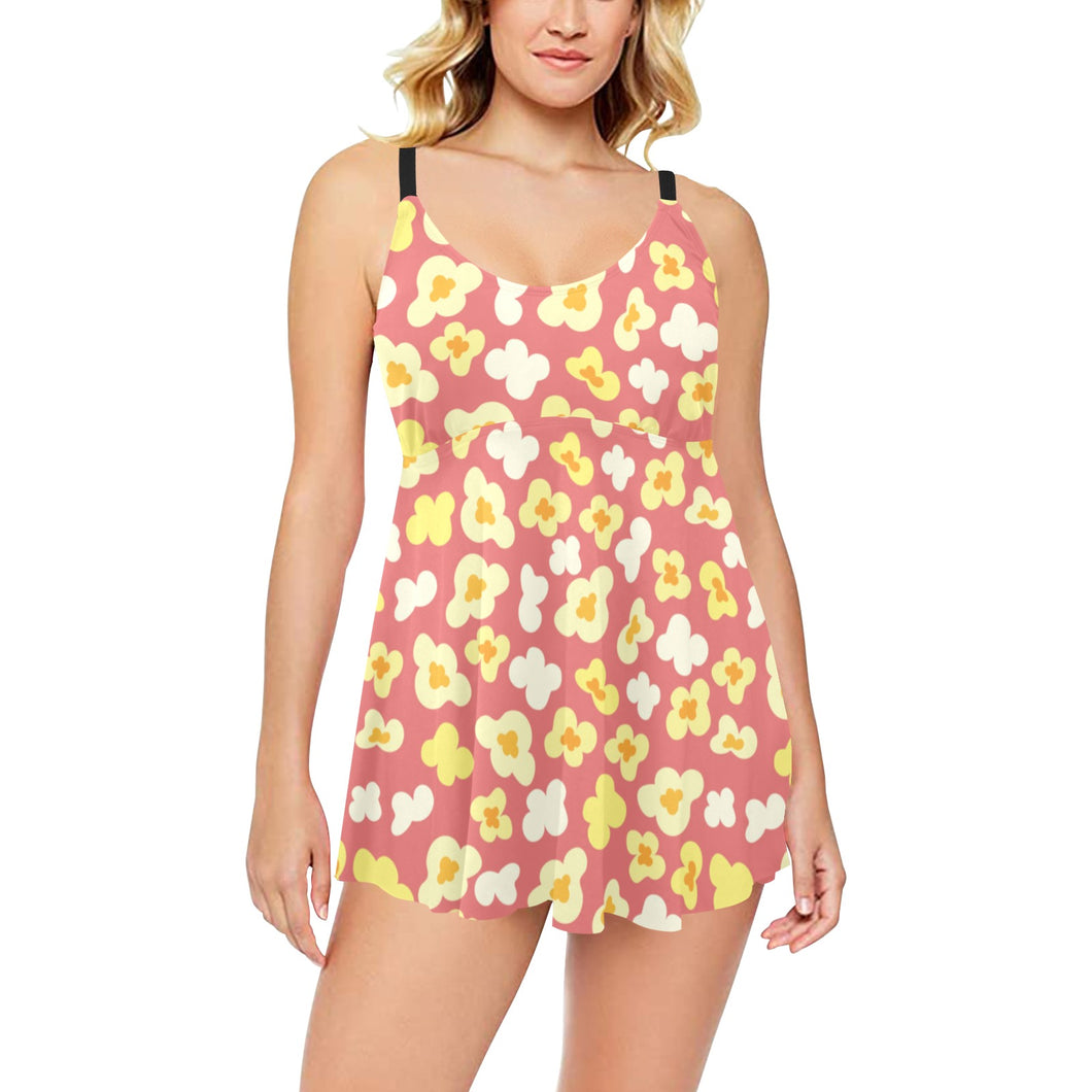 Popcorn Pattern Print Design 01 Chest Sexy Pleated Two Piece Swim Dress