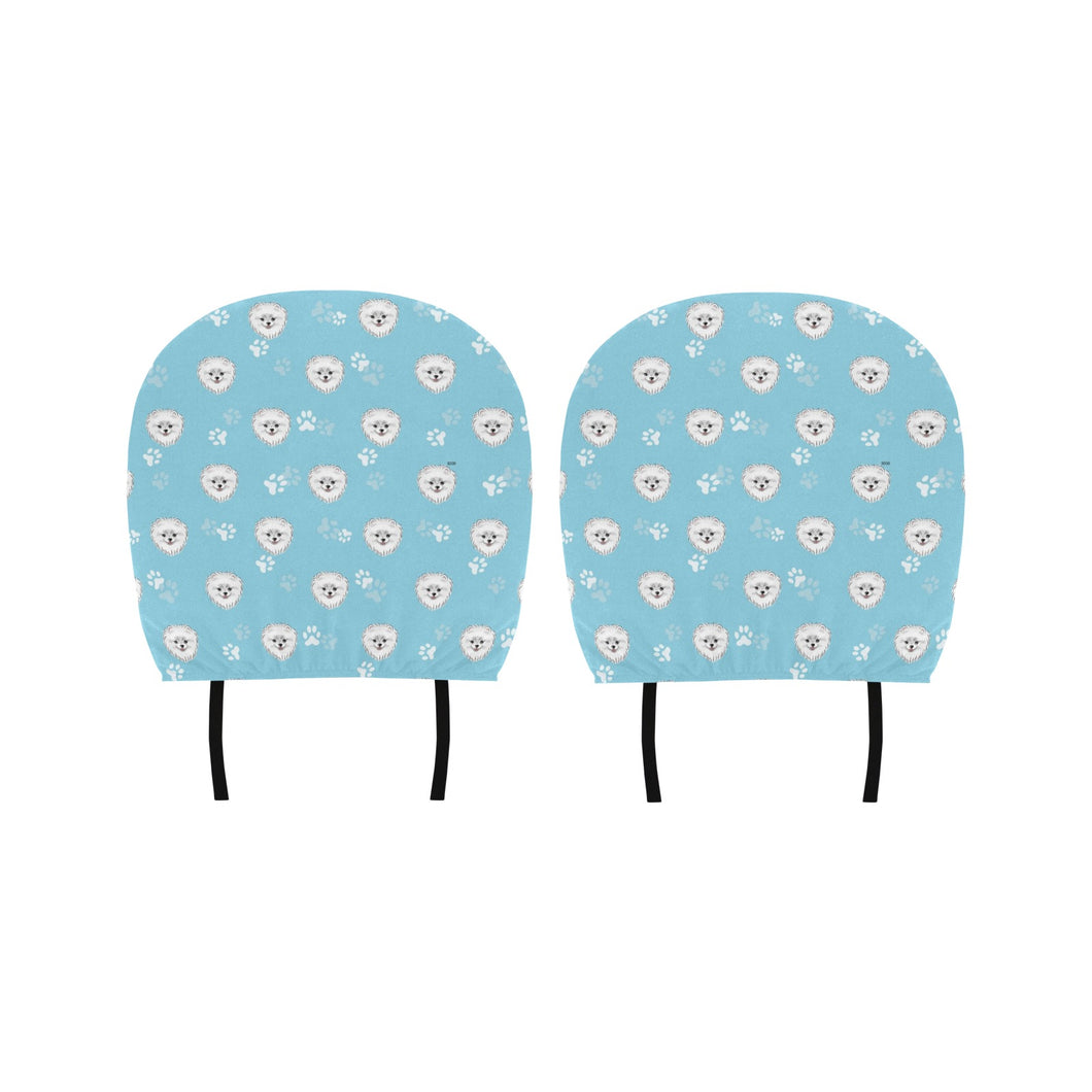 Pomeranian Pattern Blue Background Car Headrest Cover