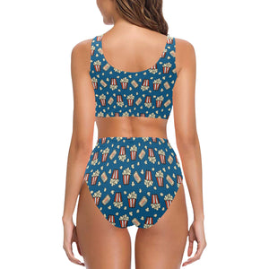 Popcorn Pattern Print Design 03 Chest Bowknot High Waisted Bikini Swimsuit