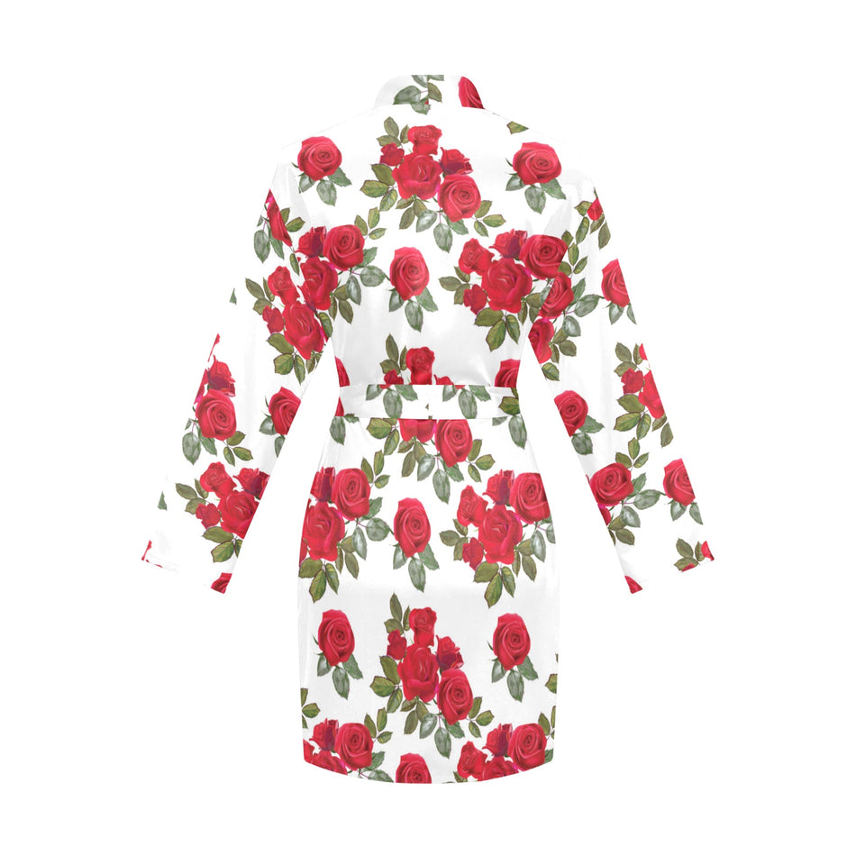 Rose Pattern Print Design 05 Women's Long Sleeve Belted Night Robe