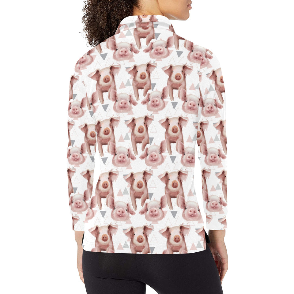 Pig Pattern Print Design 04 Women's Long Sleeve Polo Shirt