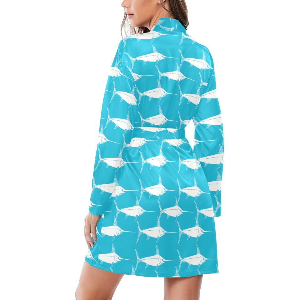 Swordfish Pattern Print Design 02 Women's Long Sleeve Belted Night Robe