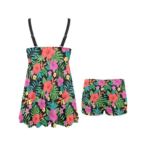 Hibiscus Pattern Print Design 01 Chest Sexy Pleated Two Piece Swim Dress