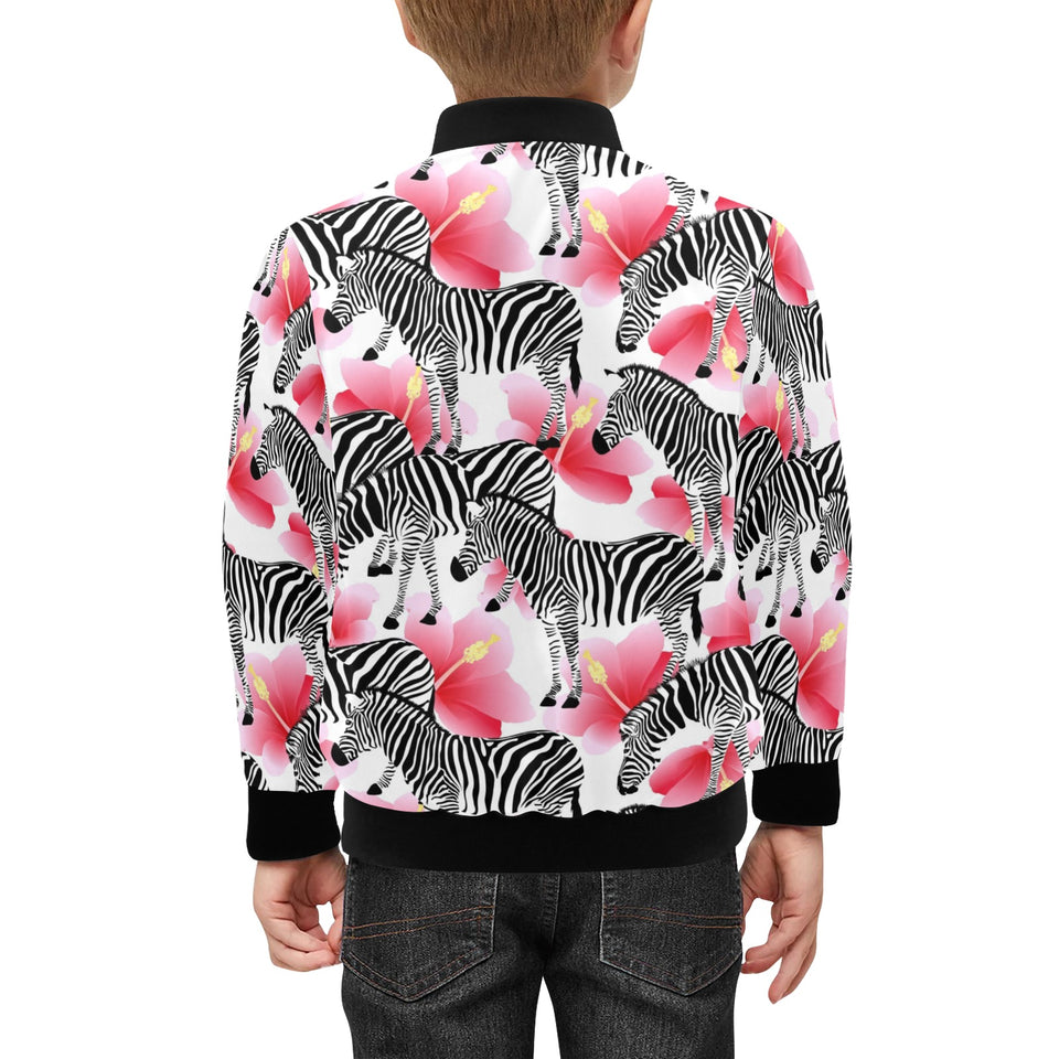 Zebra Red Hibiscus Pattern Kids' Boys' Girls' Bomber Jacket