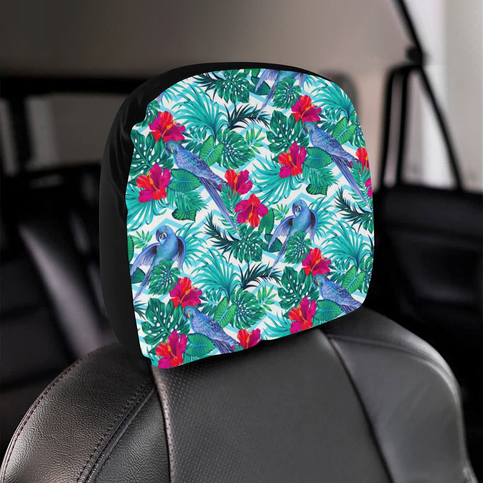 Blue Parrot Hibiscus Pattern Car Headrest Cover