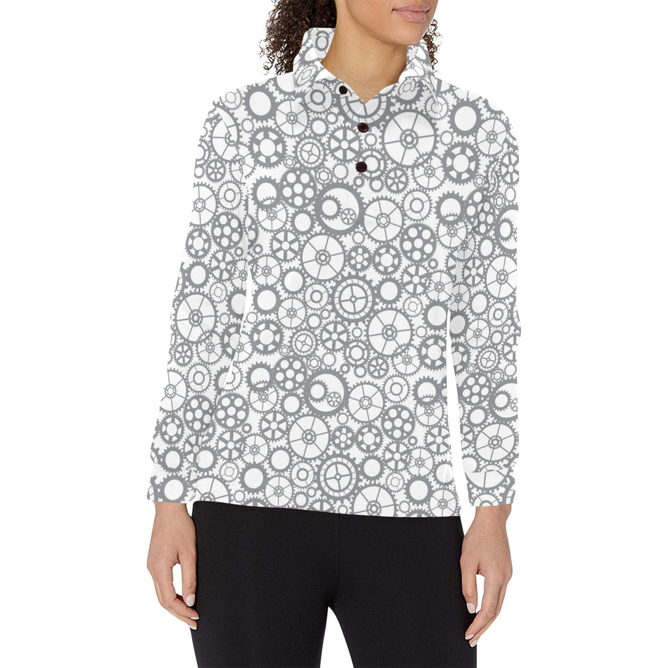 Gear Pattern Print Design 05 Women's Long Sleeve Polo Shirt