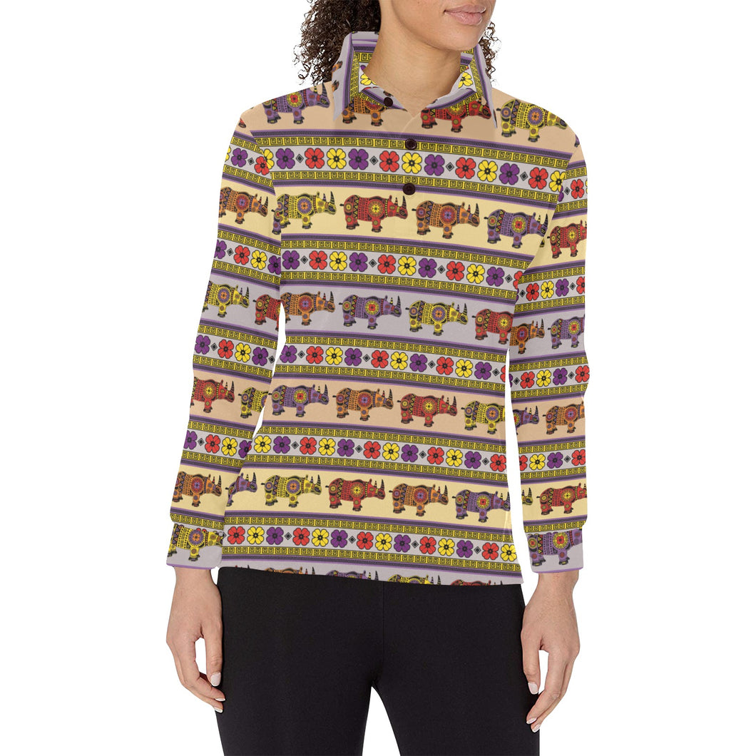 Rhino African Afro Dashiki Adinkra Kente Pattern Women's Long Sleeve Polo Shirt