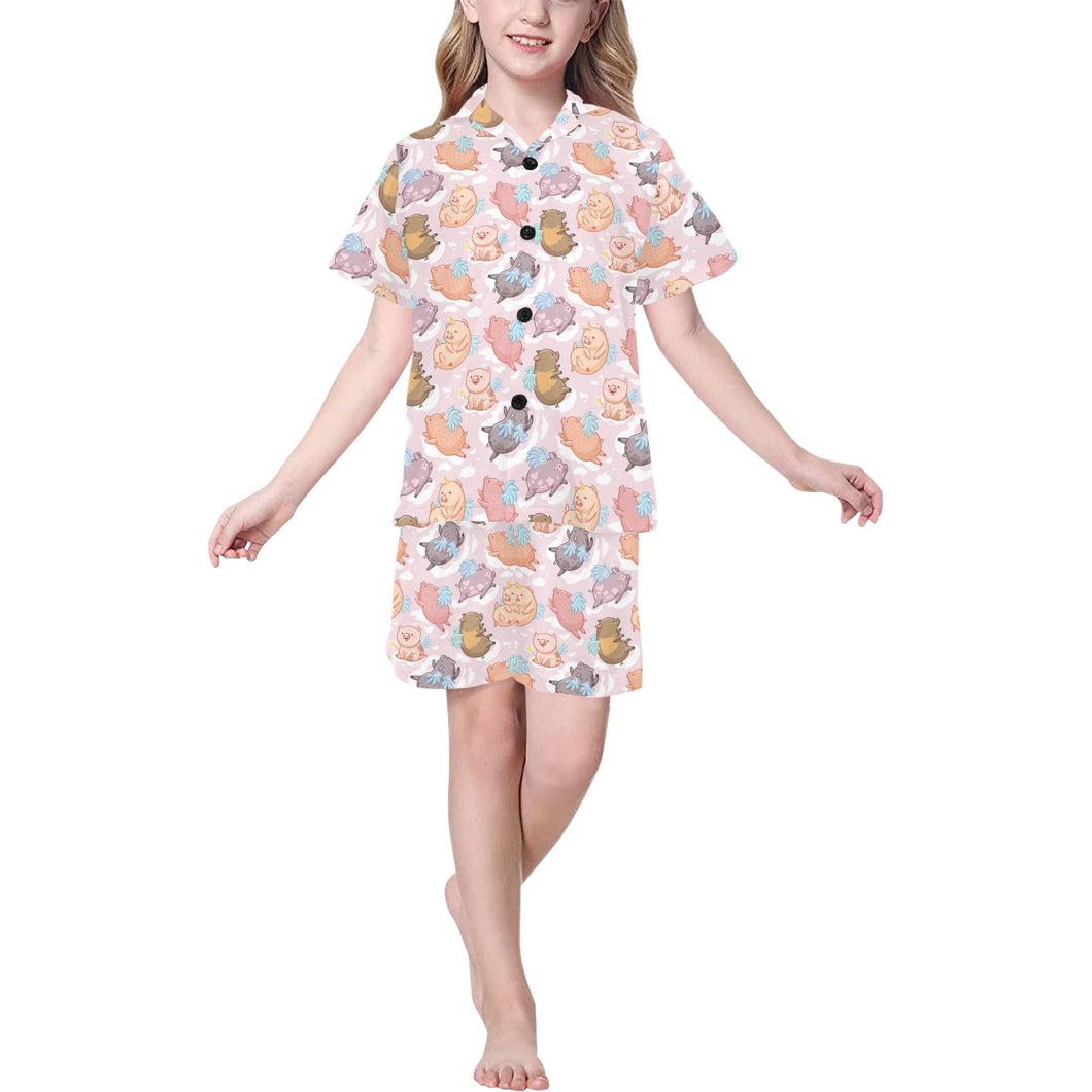 Pig Pattern Print Design 02 Kids' Boys' Girls' V-Neck Short Pajama Set