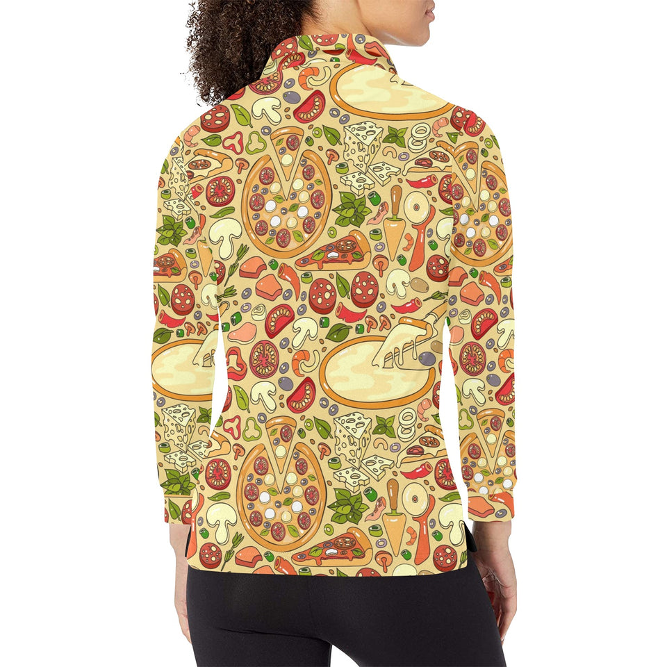 Pizza Pattern Background Women's Long Sleeve Polo Shirt