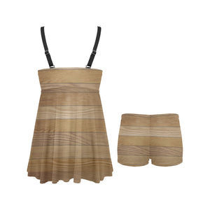 Wood Printed Pattern Print Design 02 Chest Sexy Pleated Two Piece Swim Dress