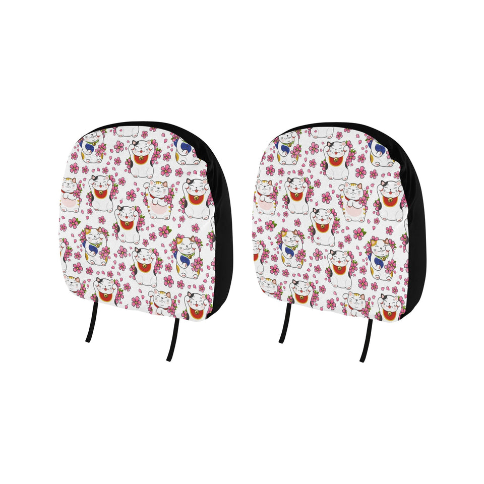 Meneki Neko Lucky Cat Sakura Flower Pattern Car Headrest Cover