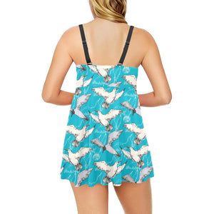 Seagull Pattern Print Design 03 Chest Sexy Pleated Two Piece Swim Dress