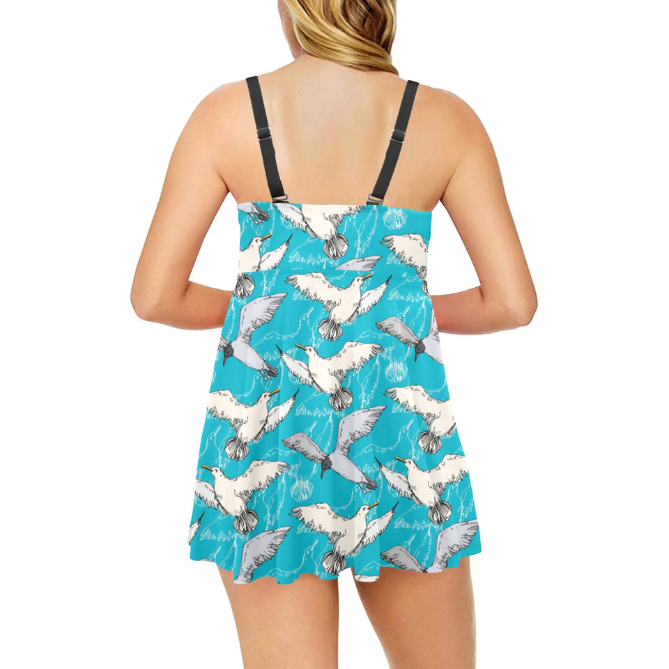 Seagull Pattern Print Design 03 Chest Sexy Pleated Two Piece Swim Dress