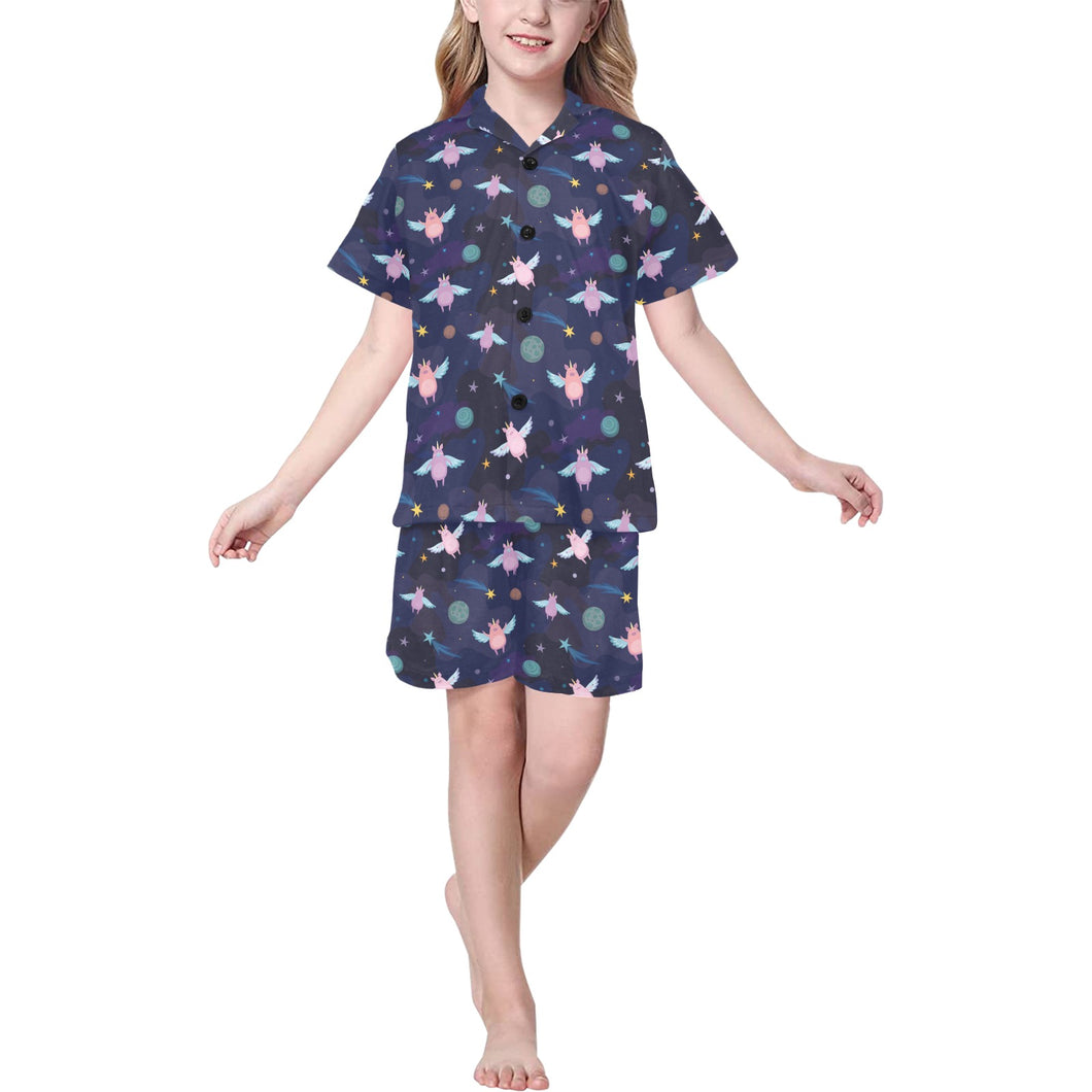 Pig Pattern Print Design 05 Kids' Boys' Girls' V-Neck Short Pajama Set