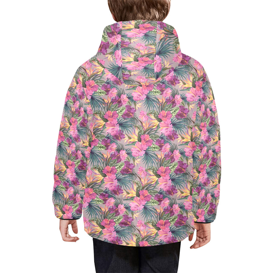 Hibiscus Pattern Print Design 03 Kids' Boys' Girls' Padded Hooded Jacket