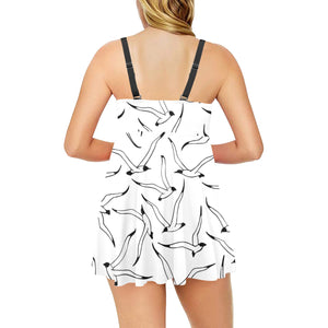 Seagull Pattern Print Design 04 Chest Sexy Pleated Two Piece Swim Dress