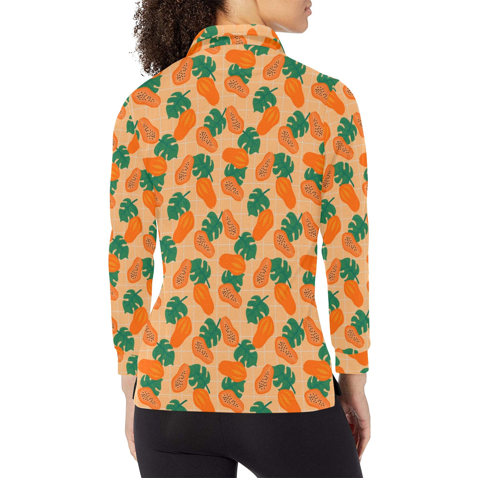 Papaya Leaves Pattern Women's Long Sleeve Polo Shirt