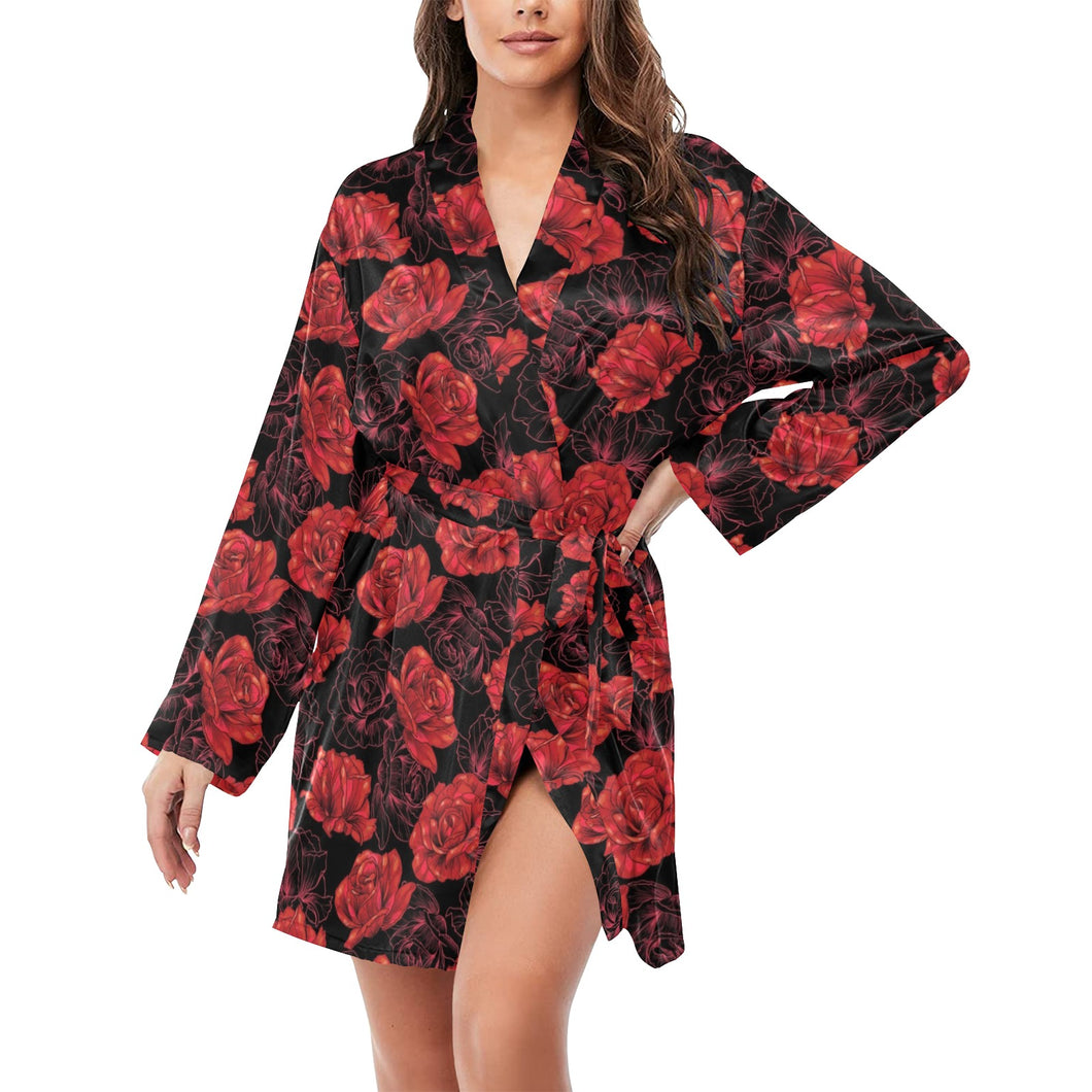 Rose Pattern Print Design 01 Women's Long Sleeve Belted Night Robe