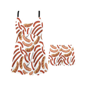 Sausage Pattern Print Design 05 Chest Sexy Pleated Two Piece Swim Dress