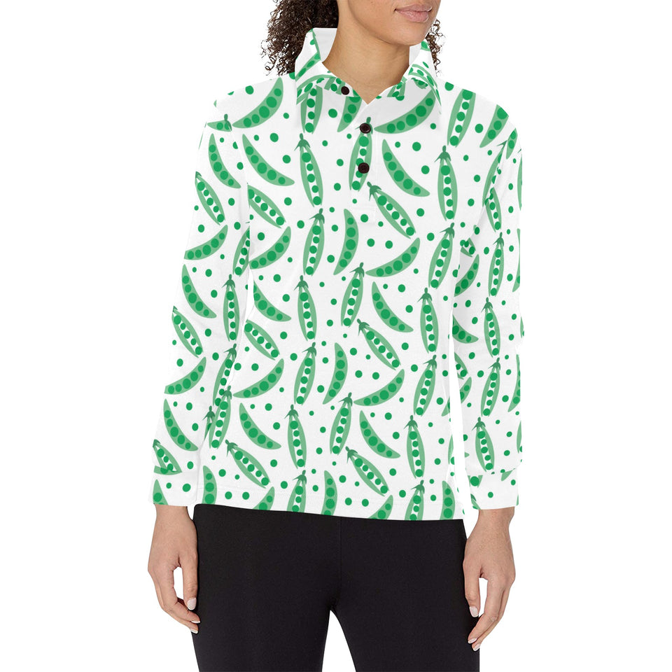 Green Peas Pattern Print Design 01 Women's Long Sleeve Polo Shirt