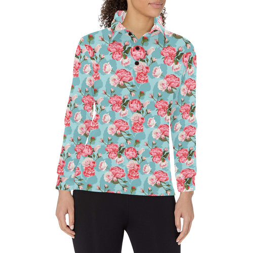 Rose Pattern Print Design 03 Women's Long Sleeve Polo Shirt