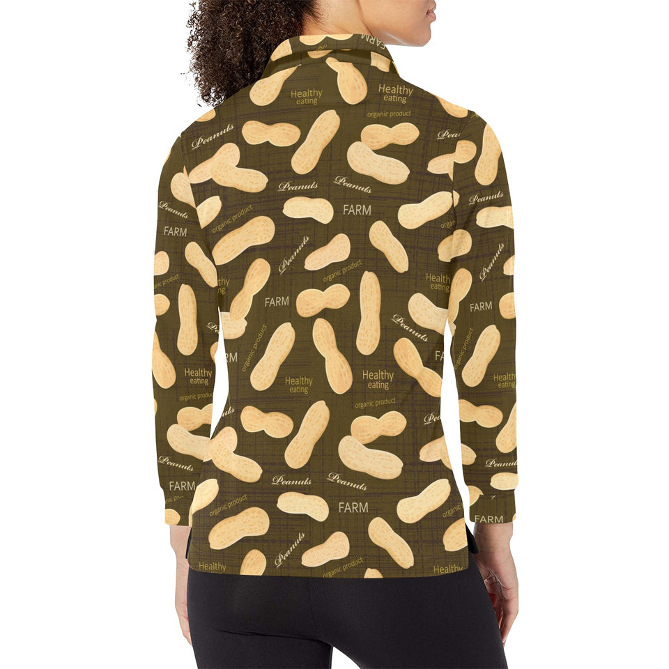 Peanut Pattern Green Background Women's Long Sleeve Polo Shirt