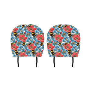 Bee Red and Blue Hibiscus Pattern Car Headrest Cover