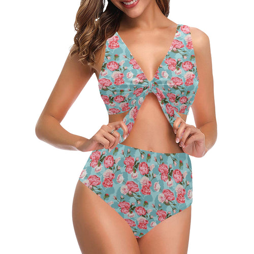 Rose Pattern Print Design 03 Chest Bowknot High Waisted Bikini Swimsuit