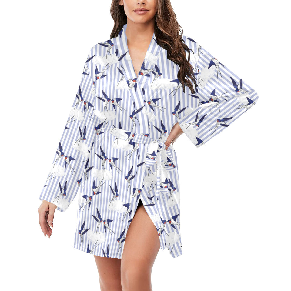 Swallow Pattern Print Design 03 Women's Long Sleeve Belted Night Robe