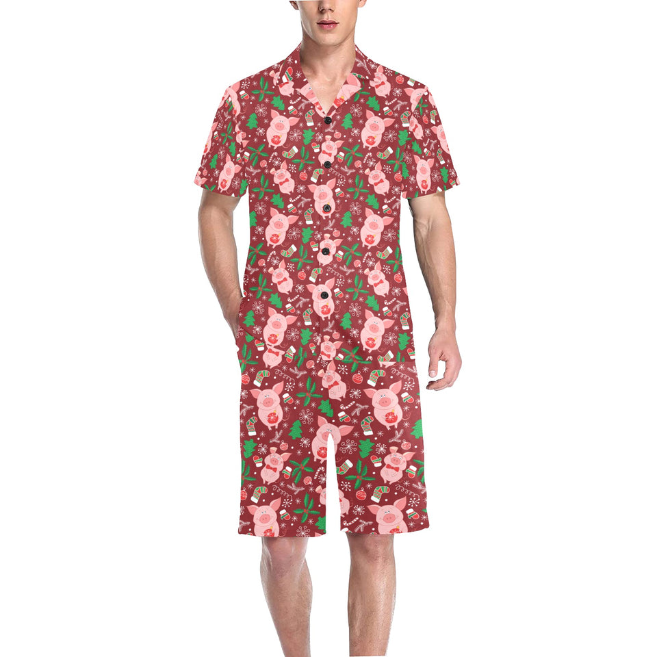 Pig Pattern Print Design 01 Men's V-Neck Short Pajama Set