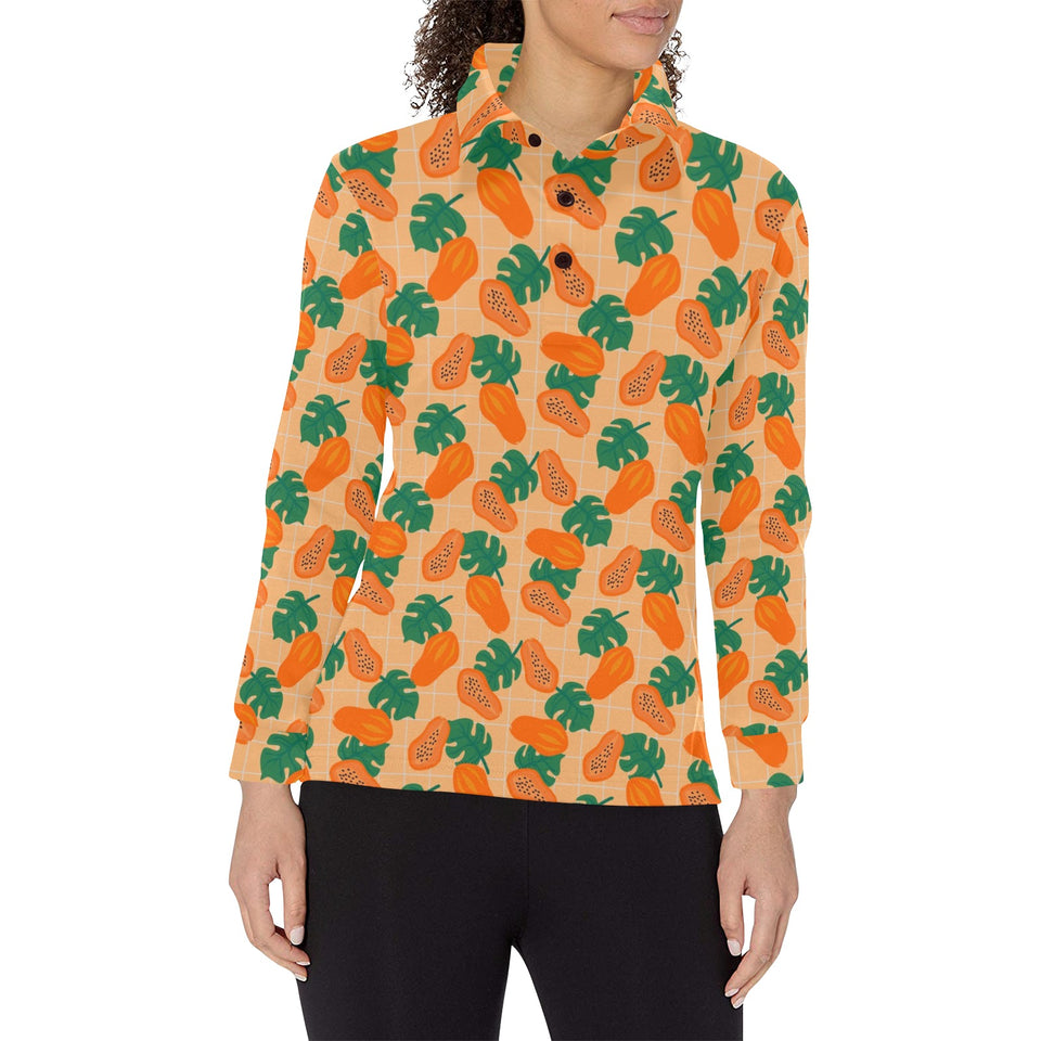 Papaya Leaves Pattern Women's Long Sleeve Polo Shirt