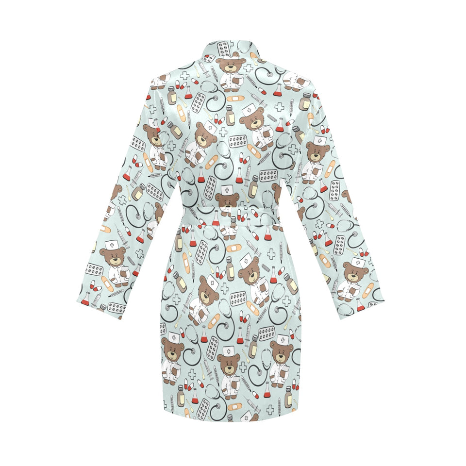 Teddy Bear Pattern Print Design 02 Women's Long Sleeve Belted Night Robe