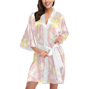 Moon Sleeping Cat Pattern Women's Short Kimono Robe