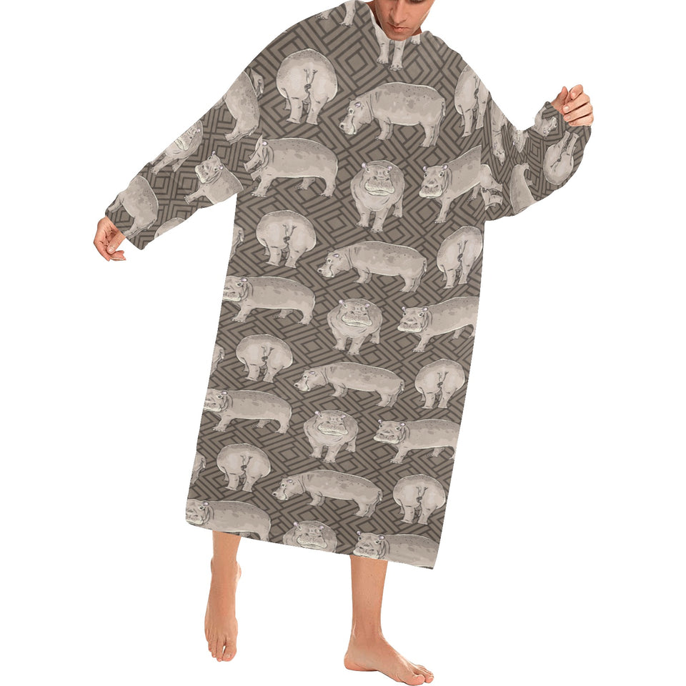 Hippopotamus Pattern Print Design 04 Blanket Robe with Sleeves