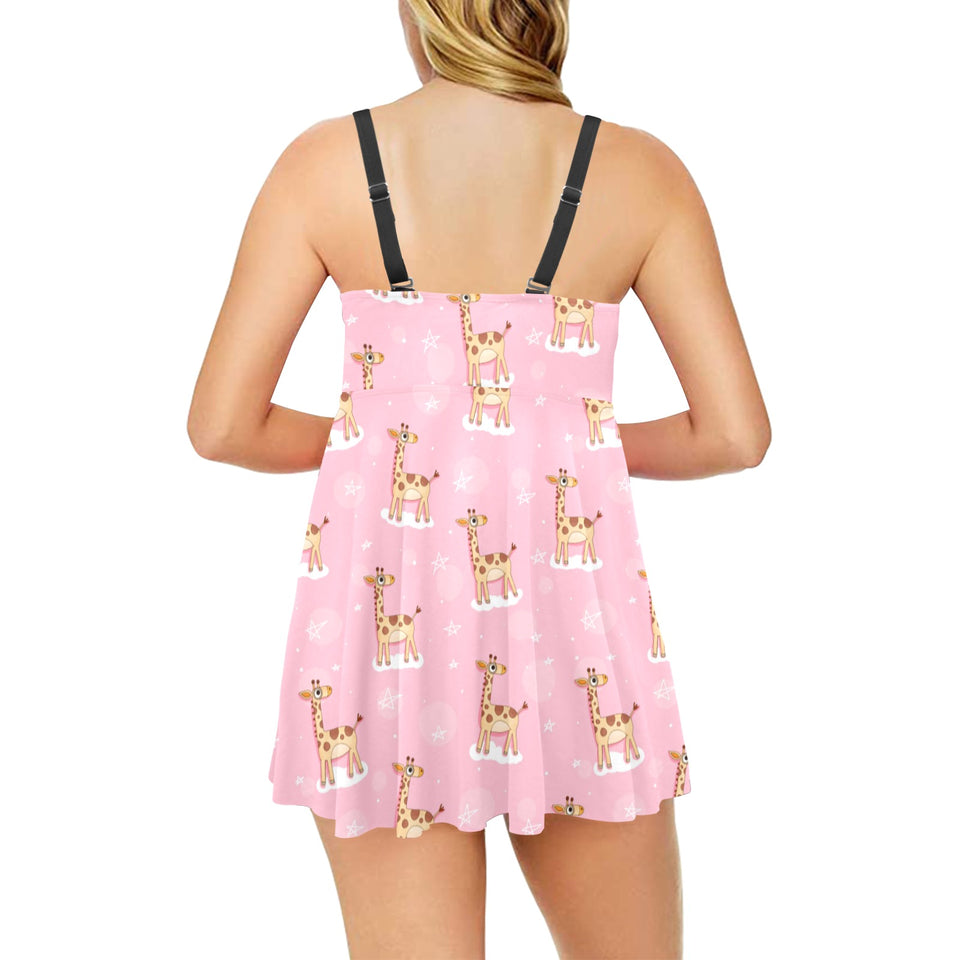 Giraffe Pattern Print Design 01 Chest Sexy Pleated Two Piece Swim Dress