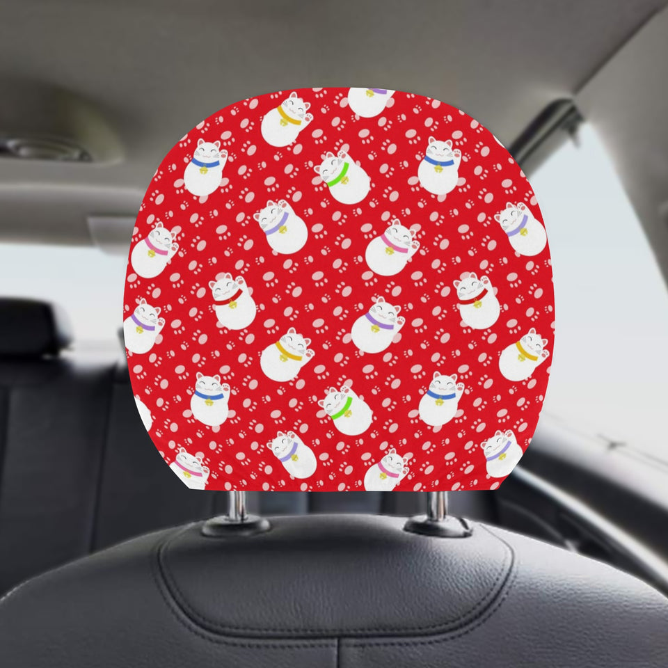 Meneki Neko Lucky Cat Pattern Red Background Car Headrest Cover