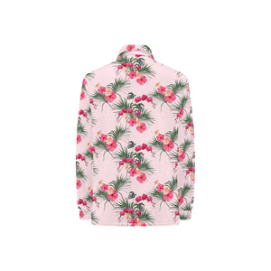 Red Pink Orchid Hibiscus Pattern Women's Long Sleeve Polo Shirt