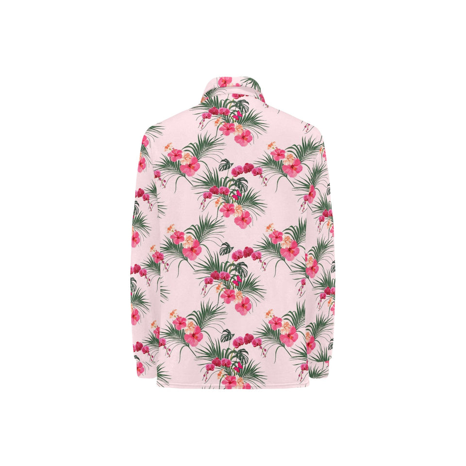 Red Pink Orchid Hibiscus Pattern Women's Long Sleeve Polo Shirt