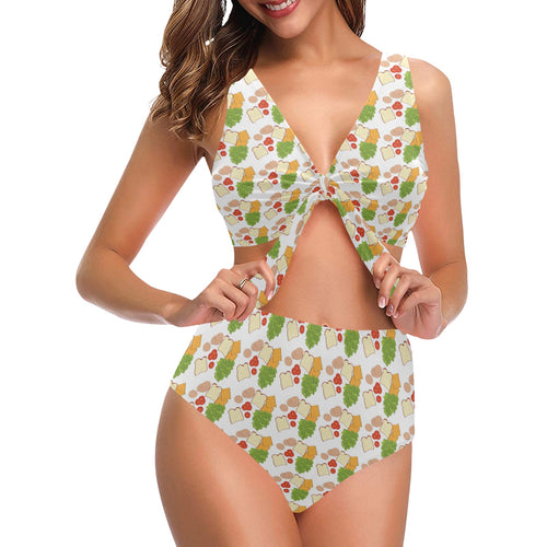 Sandwich Pattern Print Design 02 Chest Bowknot High Waisted Bikini Swimsuit