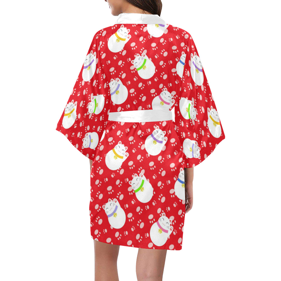 Meneki Neko Lucky Cat Pattern Red Background Women's Short Kimono Robe
