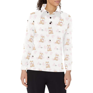 Cute Shiba Inu Heart Pattern Women's Long Sleeve Polo Shirt